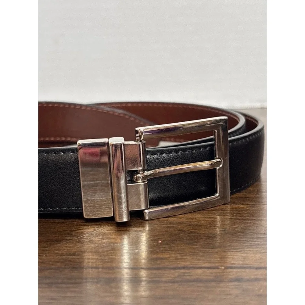 Mens Reversible Black Brown Dress Belt Size 44 Silver Tone Buckle Big Tall